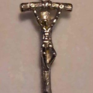 Vintage Silver Crucifix Pin Blue Bin #16